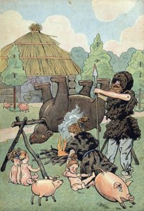 History of France. Scene of Barbarian Gaul with toys: a Gaul and a Gaul dressed in bear skin cook a bear to feed their family. in Joujoux à l