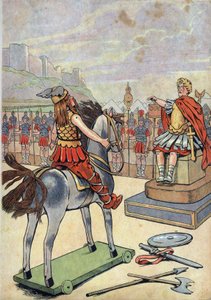 History of France. Scene of Roman Gaul with Toys: Gallic Leader Vercingetorix Going to Roman Chief Julius Caesar After the Battle of Alesia in 52 BC by pseudonym for Onfray de Breville Jacques Job
