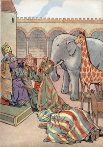 History of France. Scene of the life of Charlemagne in toys: Caliph Haron Al Rashid gives the King of France Charlemagne (742-814) a giraffe, an elephant and a clock. In Joujoux a l