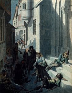 History of France in the Middle Ages: Francois de Montcorbier known as Francois Villon, poet, composing his works in the misery of the streets of Paris. Illustration by Jacques Marie Gaston Onfray de Breville dit JOB