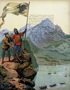 History of France in the Middle Ages: the troops of Charles the Temeraire, Duke of Burgundy, enter the country of Vaud in Switzerland. Illustration by Jacques Marie Gaston Onfray de Breville dit JOB by pseudonym for Onfray de Breville Jacques Job