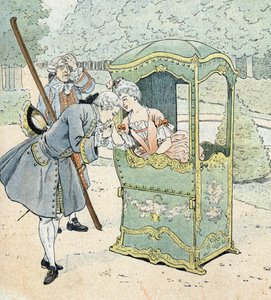 Lady of the nobility in the 18th century, in a chair with porters receiving the kiss hand