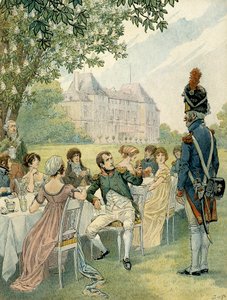 Napoleon I Bonaparte (1769-1821) during a lunch in the gardens of the castle of Malmaison by pseudonym for Onfray de Breville Jacques Job