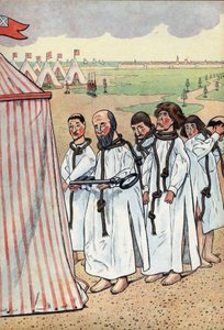 Scene of the history of France in toys: The bourgeois of Calais. The siege of Calais in 1347 and the devotion of Eustache of Saint Peter, the best known of the six bourgeois of Calais, who went to the king of England Edward III, to plead for the grace of
