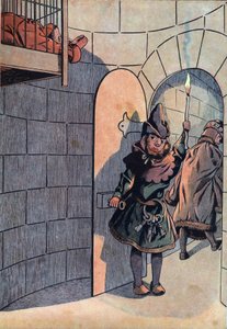 Scene of the history of France in toys: plotting against King Louis XI with Charles Le Temeraire, Jean Balue was locked for 11 years in one of King Louis XI