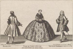 Redingote/Lady in Winter Outfit with Muff/Coat and Gold Fabric Trimming by published by Jacques Chéreau