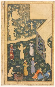 Outside a Royal Encampment (recto) by style of Bihzad