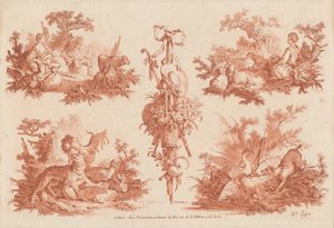 Two Pastoral Vignettes, Two Hunting Vignettes, and a Trophy by the Elder and Jean Baptiste Hüet Gilles Demarteau