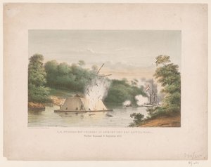 H.M. Steamship Celebes in Battle with a Kotta-mara. Poeloe Kanamit, August 6, 1859 by weduwe Elias Spanier and Zn