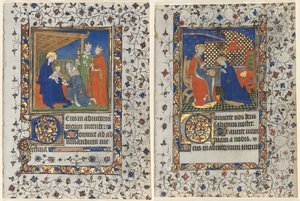 Bifolio from a Book of Hours: Adoration of the Magi and Coronation of the Virgin