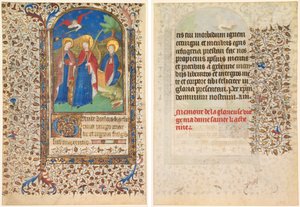 Leaf from a Book of Hours: Sts. Geneviève, Catherine of Alexandria, and Margaret (recto) and Text (verso) by workshop of Boucicaut Master