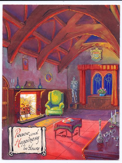 Original artwork for a Christmas card of a roaring fire in a baronial hall, circa 1953 by (after) English School