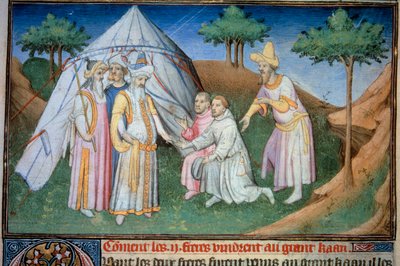 Brothers Nicolo and Matteo Polo, Father and Uncle of the Young Marco Polo, Received in the Court of the Grand Qubilai (Kubilai Khan, First Emperor of the Mongolian Yuan Dynasty). Miniature by (and workshop) Boucicaut Master