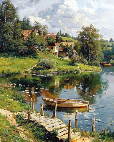 A Wooden Boat Moored Next to a River and a Traditional Village by F. Abderrahim