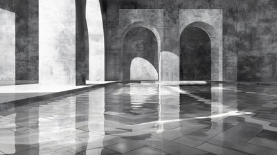 Arches & gates in a marble palace, architecture, Black & white by F. Abderrahim