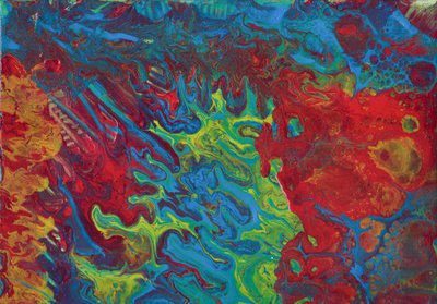 Abstract Acrylic Pour in Red, Blue, Yellow by Albert Mansour