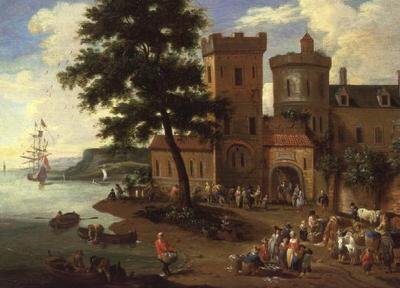 Fisherfolk Unloading Their Catch, and Gentlemen Departing from a Manor House by A.F. and Bouts P. Boudewyns