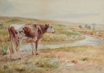 Landscape with river and cow by A Brown