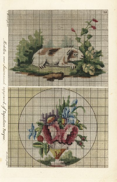 Patterns for Turkish tapestry: guinea pig in a garden and bouquet of flowers in a vase by A. Lutz