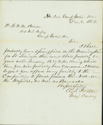 Letter signed A.S. Norton, Major Commanding, Head Quarters, Camp Yates, Ill., to 1st Lieutenant W.M. Breese, 16th U. S. Infantry, Camp Gates, Ill., December 6, 1863 by A. S. Norton