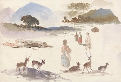 Sheet of Studies of Deer, Figures and Landscape by Aaron Edwin Penley