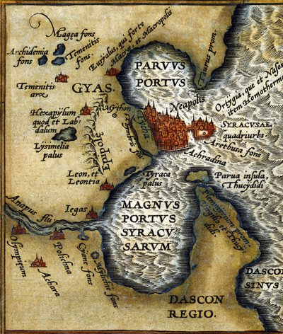 The ancient port of Syracuse in Sicily after the Atlas of Abrahm Ortelius by Abraham (after) Ortelius