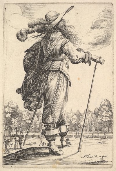 A Gentleman, Seen from Behind, Walking Towards the Right with a Cane and Wearing a Plumed... (detail) by Abraham Bosse