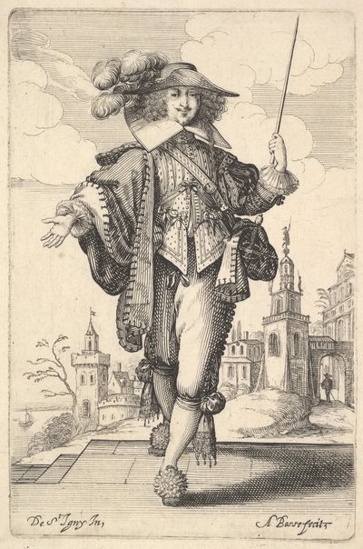 A gentleman walking forward, with his right arm outstretched and a whip in his left hand by Abraham Bosse