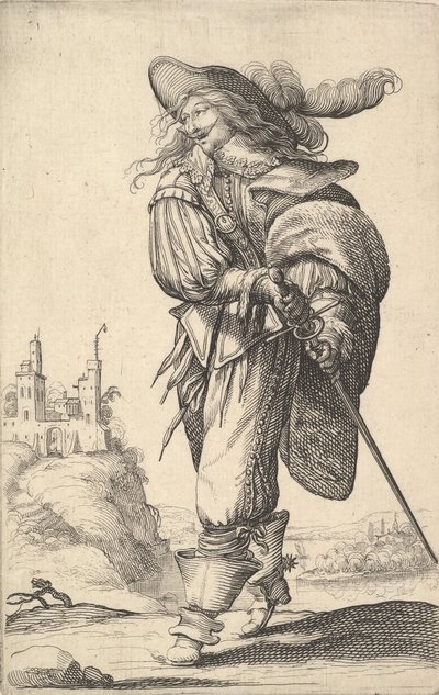 A gentleman, walking towards the left and drawing his sword from the sheath, wearing a plumed hat by Abraham Bosse