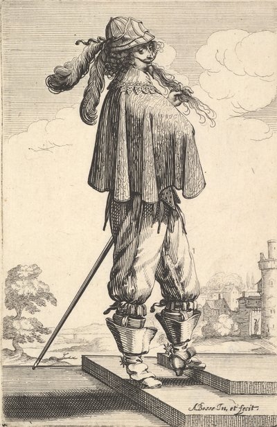 A Gentleman Wearing a Short Coat, a Helmet, and Boots with Spurs, Standing on the Steps by Abraham Bosse