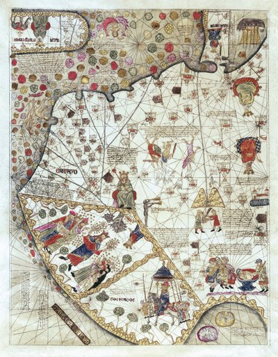Map of China (Cathay), with descriptions of small scenes, delimitation of the kingdoms with its sovereign represented each time by Abraham and Cresques Jehuda Cresques