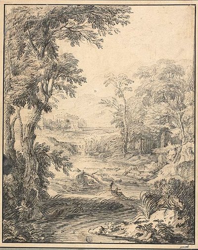 River Landscape with Two Figures in Foreground, Castle in Distance by Abraham Genoels II
