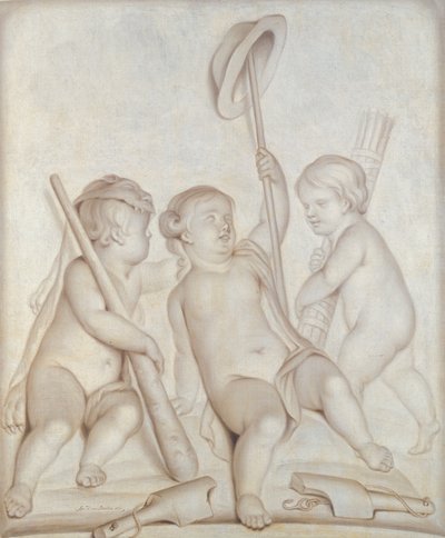 The Three Cherubs, Putti with the attributes to Hercules and Mercury by Abraham Hendrick van Beesten