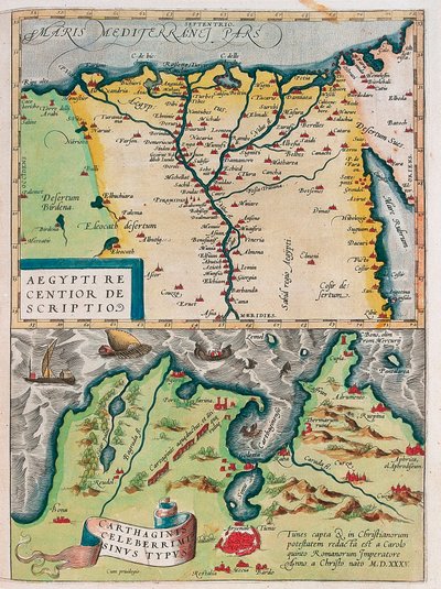 Geography map of Egypt with the cities of the Nile and Carthage (Tunisia) from 
