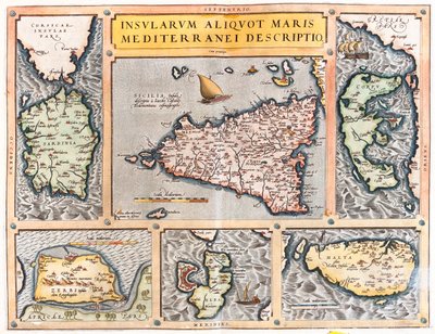 Sardinia, Sicily, Corfu, Djerba, Elba, Malta, Italy, Greece, Tunisia by Abraham Ortelius