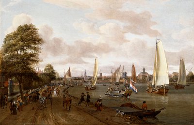 A Panoramic View of Amsterdam with a Barge and Small Ships on the Buiten-Amstel by Abraham Storck