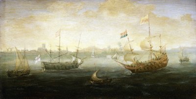 A Dutch and a British boat, flying the Stuart flag, sailing off a port, visible on the horizon, surrounded by various small boats by Abraham de Verwer