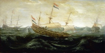 A Dutch ship sailing on a very turbulent sea by Abraham de Verwer