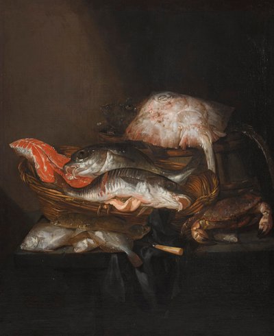 Still Life with a Ray on a Barrel, a Salmon Steak, a Pike Perch and a Coalfish in a Basket, with Flounders, a Knife and a Crab on a Draped Table by Abraham van Beijeren