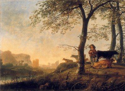 Evening River Landscape with a Cowherd and Cows by the Edge of a Copse, a Bridge and Ruins Beyond by Abraham van Calraet
