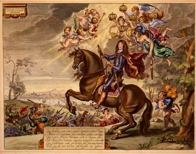 Charles II with a dedication in French, with Old London Bridge in the background, from The Method and New Invention of Dressing Horses by William Cavendish, published 1737 (2nd edn) by Abraham van Diepenbeeck