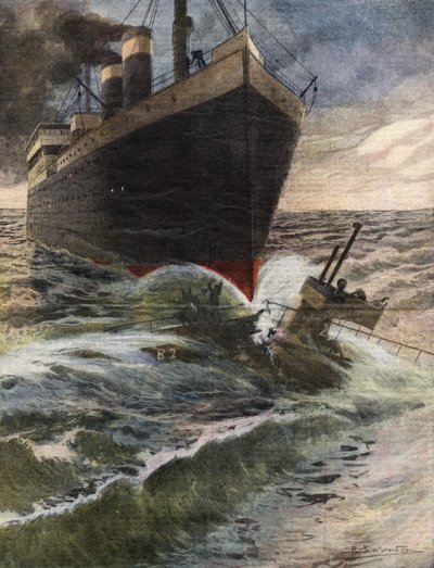 A German Transatlantic Overturns and Breaks a Submarine of the English Fleet off the Coast of Dover. Illustration by Beltrame. 