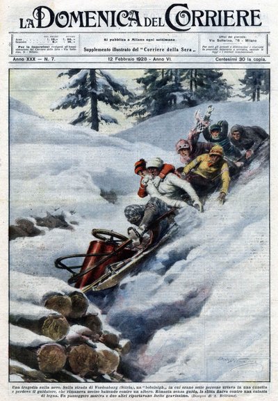 A tragedy on the snow: on the road from Vordenburg in Styria, a bobsleigh was found in a ravine. The driver was killed precipitating against a tree. The sleigh continued to run until one sec of wood. One of the passengers died and the others were seriously by Achille Beltrame