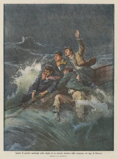 Agony of four castaways on the keel of a boat battered by the storm, on Lake Geneva by Achille Beltrame