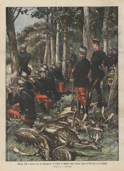Alfonso XIII Hunting with a Battalion of Soldiers from Madrid in the Royal Forest of Rio Frio at La Granja by Achille Beltrame