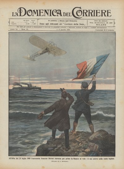 At dawn on July 25, 1909, the French aeronaut Bleriot crosses the English Channel for the first time by flight by Achille Beltrame