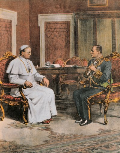 Benito Mussolini in meeting with Pope Pius XI on February 11 by Achille Beltrame