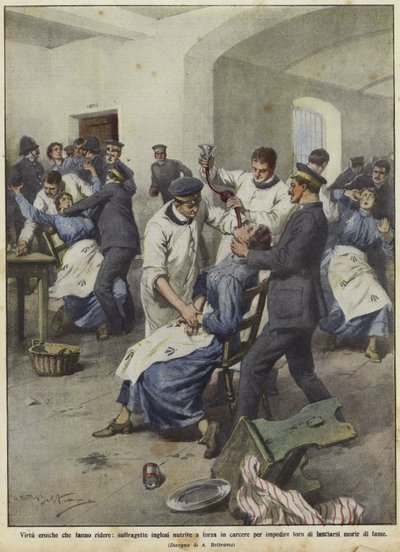 British suffragettes being force-fed in prisons by Achille Beltrame