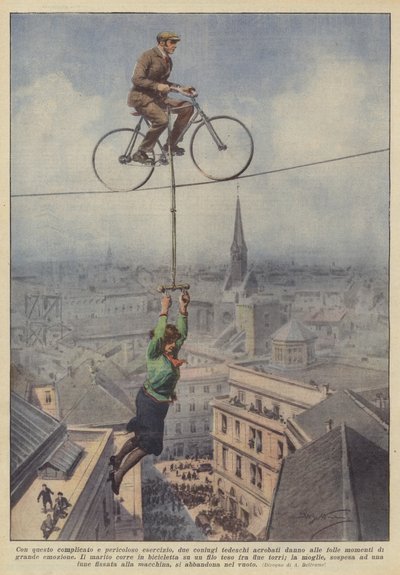 With This Complicated and Dangerous Exercise, Two German Acrobats Entertain the Crowds by Achille Beltrame