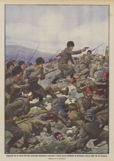 Cossacks advancing and driving away the Turks near Dalibaba to the national anthem by Achille Beltrame